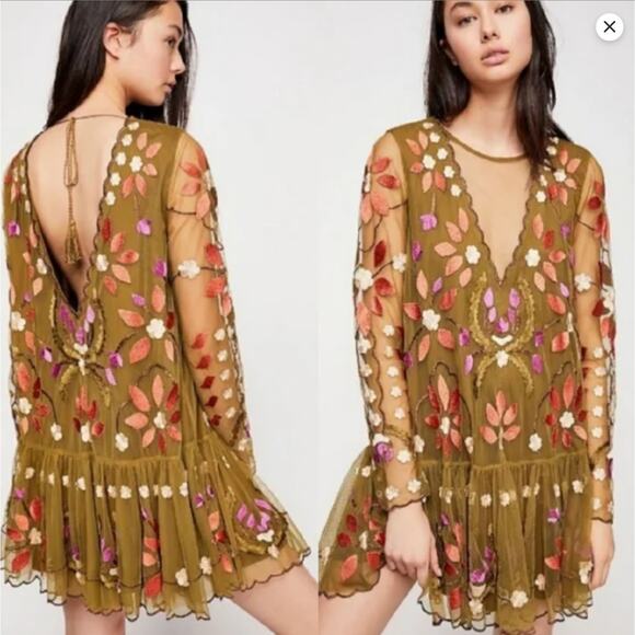 Free People Olive Green Hearts Are Wild Boho Embroidered Mesh Long Sleeve Dress - Picture 1 of 6